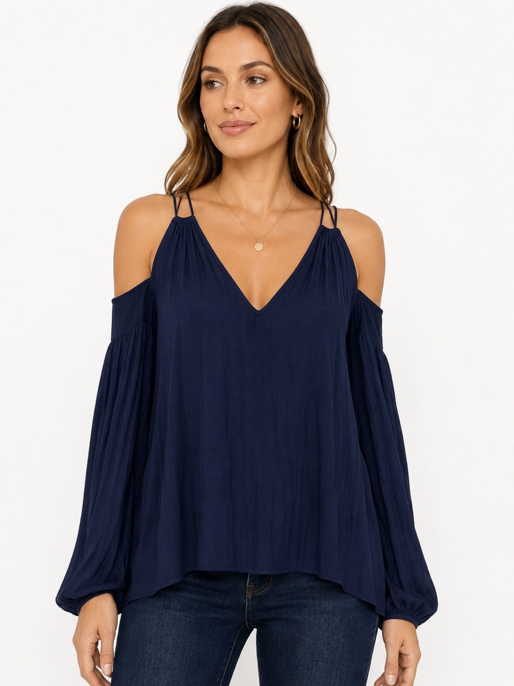 Ramy Brook Navy Cold Shoulder Long Sleeve Blouse No size tag estimate Size M